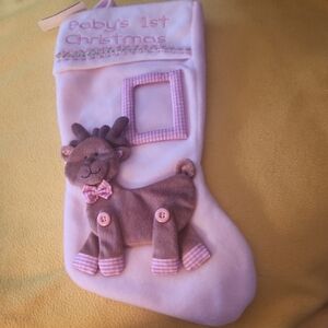 Soft fleece Baby's 1st Xmas stocking w/pic frame & 3d reindeer